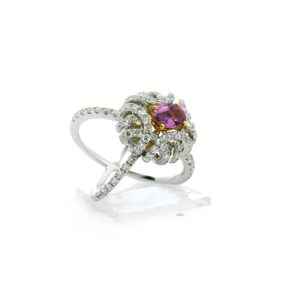 Pink Sapphire & Diamond Art Deco Inspired Ring with Criss Cross Band Image 2 Albert's Jewelers Kingsland, GA