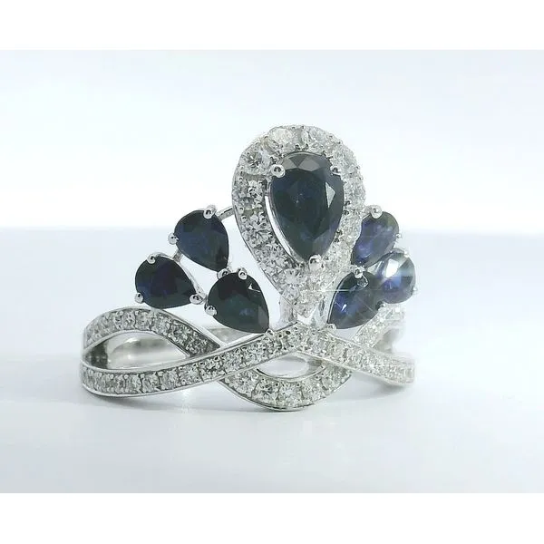18Kt White Gold 1.85Cts Pear Shaped Blue Sahhires & .58Ctw Round Diamonds Ring Image 2 Albert's Jewelers Kingsland, GA