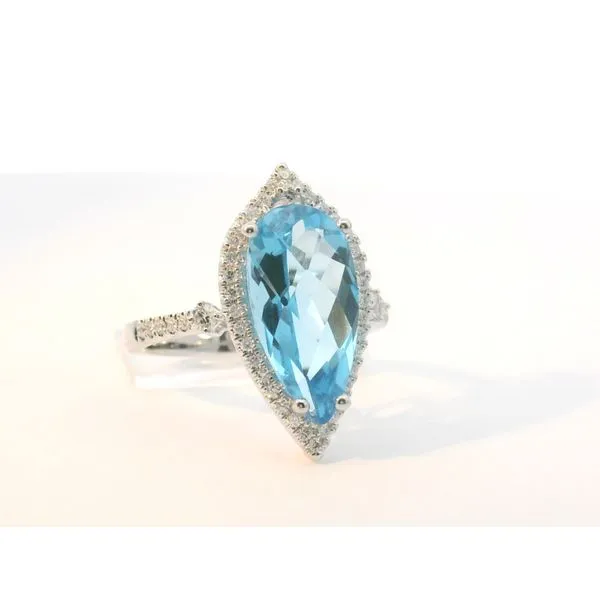 14Kt White Gold 4.50Ct Pear Shaped Blue Topaz & .29Ctw Diamond Halo Ring Image 2 Albert's Jewelers Kingsland, GA