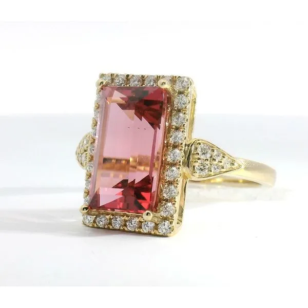 14Kt Yellow Gold 4.70ct Emerald Cut Pink Tourmaline With A .38Ctw Diamond Halo Ring Image 2 Albert's Jewelers Kingsland, GA
