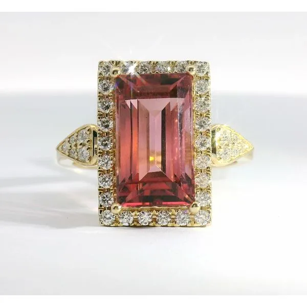 14Kt Yellow Gold 4.70ct Emerald Cut Pink Tourmaline With A .38Ctw Diamond Halo Ring Albert's Jewelers Kingsland, GA