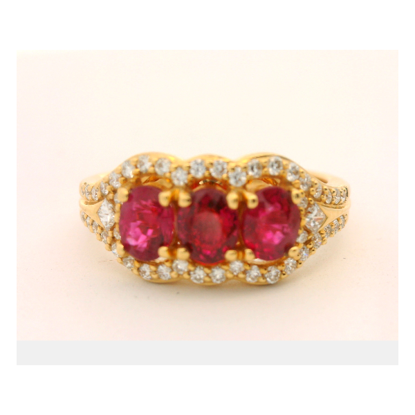 18KT Yellow Gold Triple Ruby & Diamond Ring Albert's Jewelers Kingsland, GA