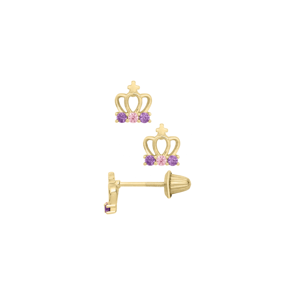 14K YELLOW GOLD CROWN WITH PINK & PURPLE CZ AND SAFETY BACKS Albert's Jewelers Kingsland, GA
