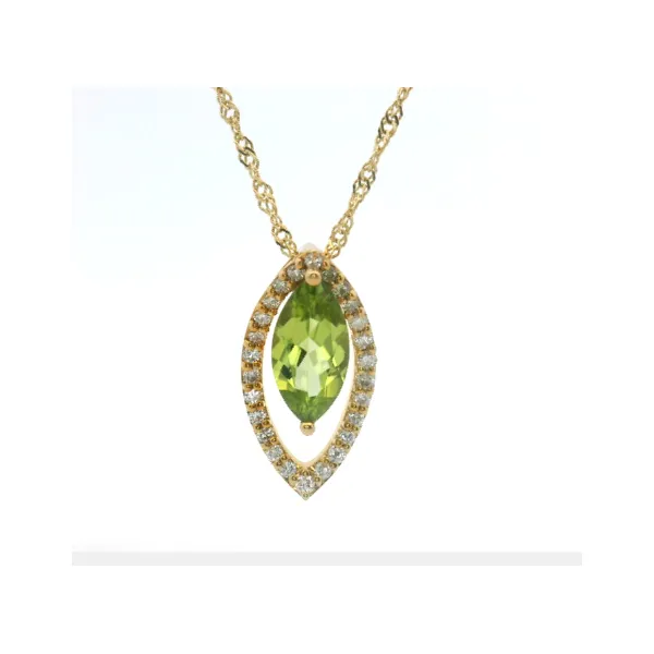 14Kt Yellow Gold 1.12Ct Marquise Shape Peridot With .21Ctw Diamond Halo Pendant Albert's Jewelers Kingsland, GA