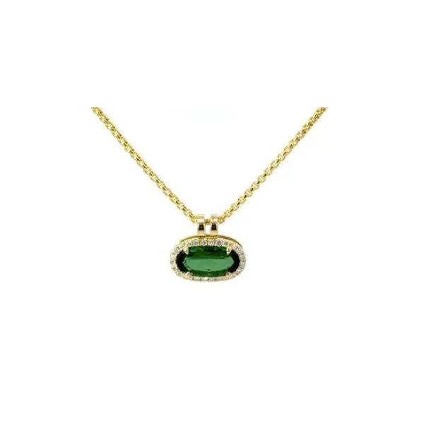 14K Yellow Gold Pendant Containing 1.42Ct Oval Green Tourmaline Set East-To-West With A Delicate 0.13Ct Diamond Halo. Albert's Jewelers Kingsland, GA