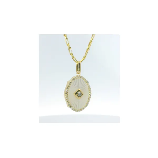 Mother of Pearl pendant with fluted design and Diamond frame set in 14kt yellow gold. Albert's Jewelers Kingsland, GA