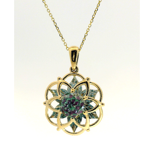 Blue Topaz Davinchi Cut Stone with Ruby & Emerald accents set in 14kt yellow gold Albert's Jewelers Kingsland, GA