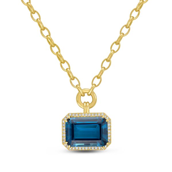 14KT Yellow Gold London Blue Topaz & Diamond Halo Necklace Albert's Jewelers Kingsland, GA