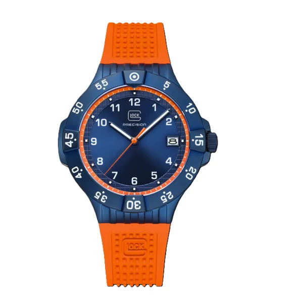 Gents Glock Watch Blue Stainless Steel Housing,with Blue Dial and Orange Accents Albert's Jewelers Kingsland, GA