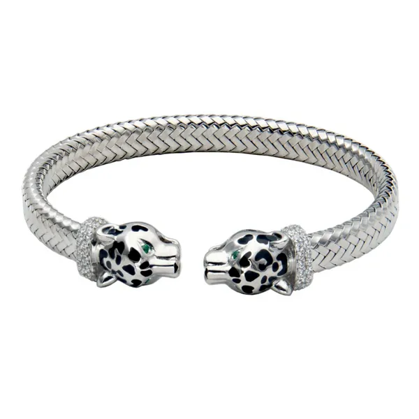 Sterling Silver With Green & White  Cubic Zirconia Panther Mesh Cuff Bracelet Albert's Jewelers Kingsland, GA