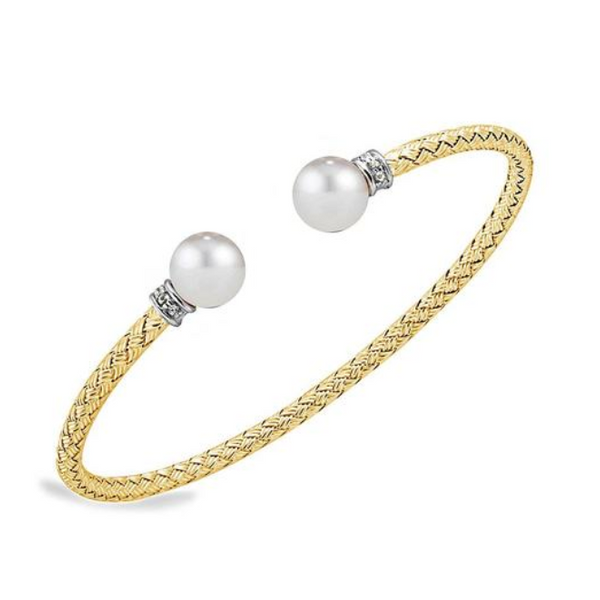 Sterling Silver 3Mm Mesh Cuff, Luna With Freshwater Pearl & Cz, 18K Yellow Gold Finish Albert's Jewelers Kingsland, GA