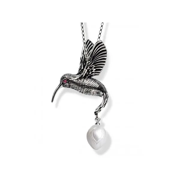 Silver Hummingbird .04Cttw Ruby, 9Mm Fresh White Carved Pearl with chain Albert's Jewelers Kingsland, GA