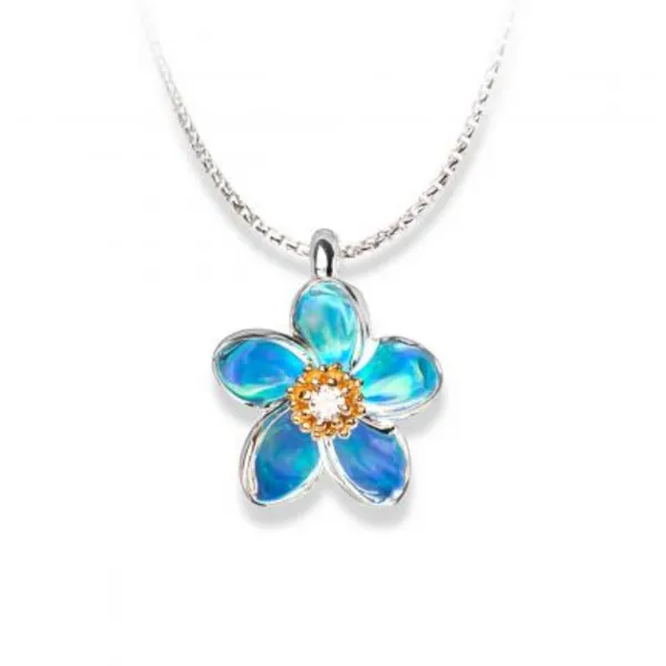 A sparkling diamond is set at the center of this delicate plumeria flower pendant. Albert's Jewelers Kingsland, GA