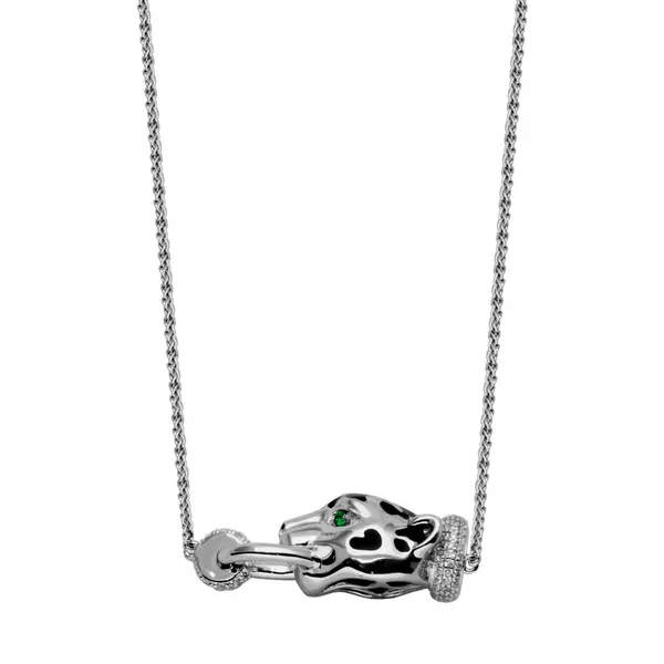 Sterling Silver White & Green Cubic Zirconia Panther Necklace Measures 17