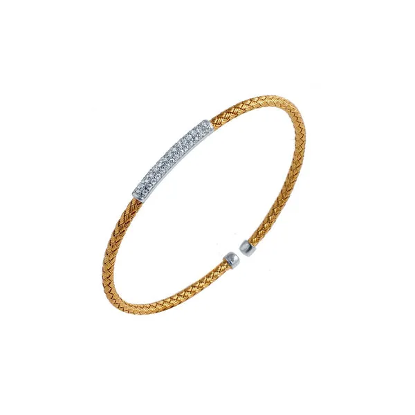 Sterling Silver 3mm Mesh Cuff with CZ, 2 Tone, 18K Yellow Gold and Rhodium Finish Albert's Jewelers Kingsland, GA