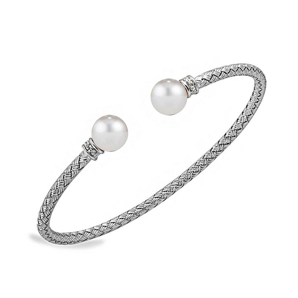 Sterling Silver 3mm Mesh Cuff with Freshwater Pearl and CZ, Rhodium Finish Albert's Jewelers Kingsland, GA