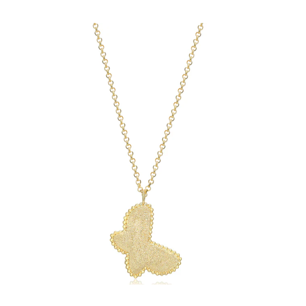 Sterling Silver  Butterfly necklace that is Diamond Textured Beaded plated in 18kt Gold Albert's Jewelers Kingsland, GA