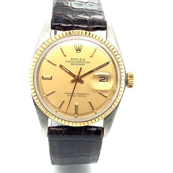 Two Tone Datejust Gold Stick dial Rolex Leather Strap and Rolex buckle Alexander Fine Jewelers Fort Gratiot, MI