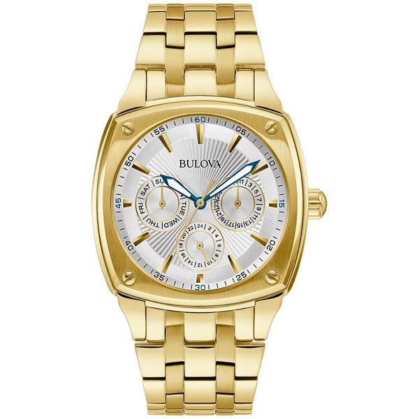 Men's Bulova Watch Gold-Toned Stainless Steel White Face with Blue Hands Amos Jewelry Wray, CO