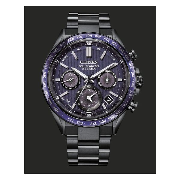 Men's Attesa WatchTitanium Silver-Tone Blue Dial Eco-Drive Satellite Timekeeping Amos Jewelry Wray, CO