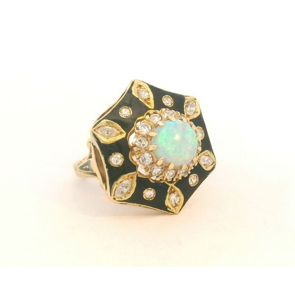 Estate Black Enamel, Opal, and Diamond Ring Image 2 Amos Jewelry Wray, CO