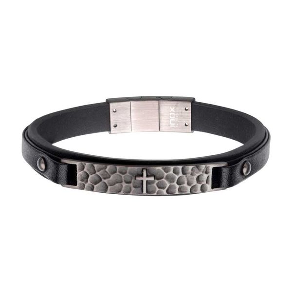 Black Leather Cross Hammered ID Bracelet Amos Jewelry Wray, CO