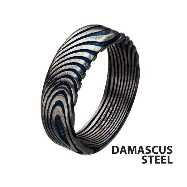 Damascus Steel Matte Blue Ring 7mm Amos Jewelry Wray, CO
