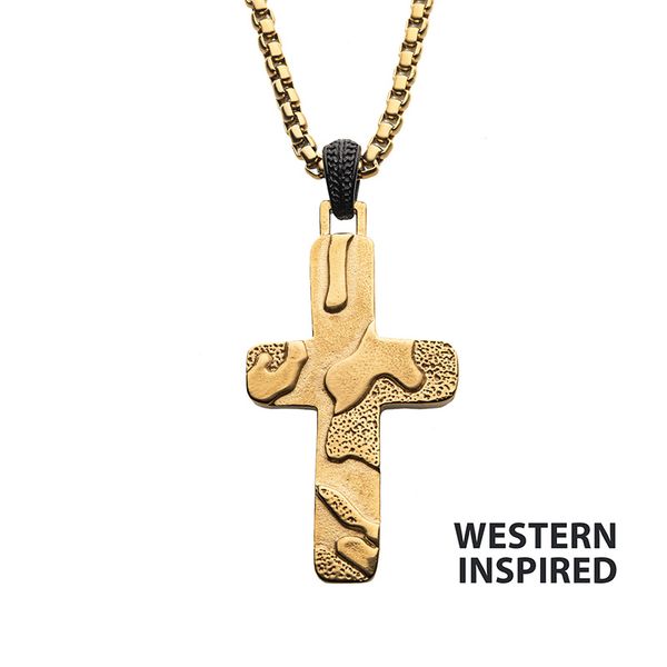 Men's Gold Plated Canyon Pattern Cross Necklace Amos Jewelry Wray, CO