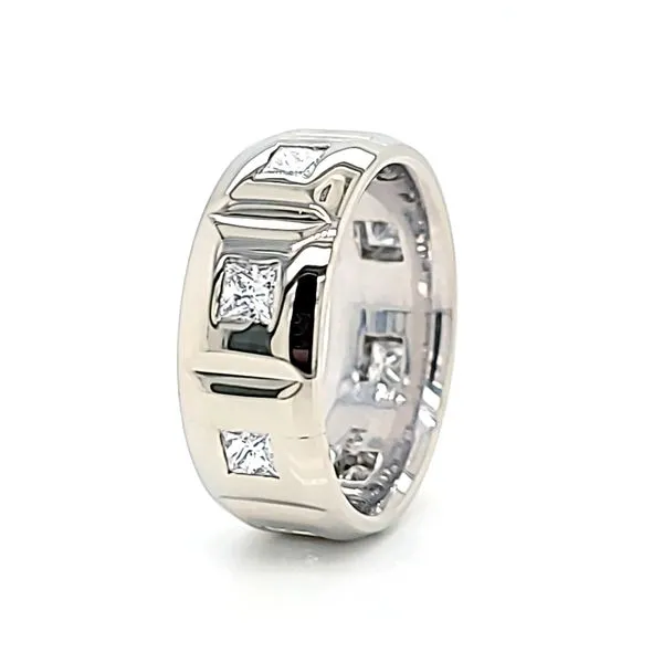 Men's 14k White Gold Carved Diamond Wedding Band Image 2 Arezzo Jewelers Elmwood Park, IL