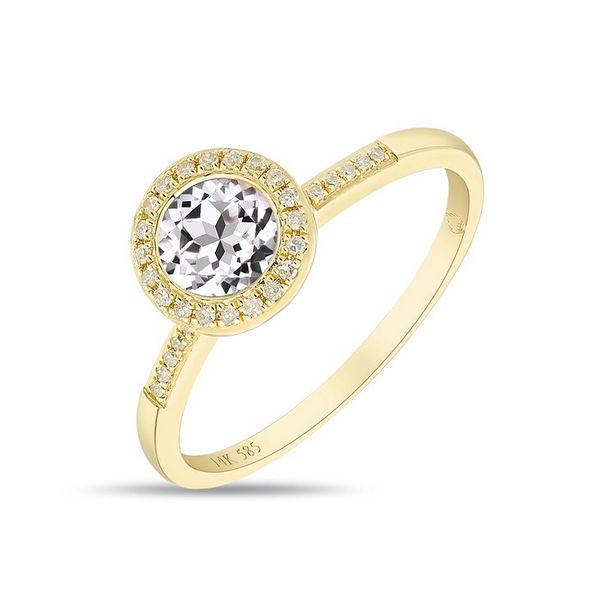 Yellow Gold White Topaz and Diamond Halo Ring Arezzo Jewelers Elmwood Park, IL