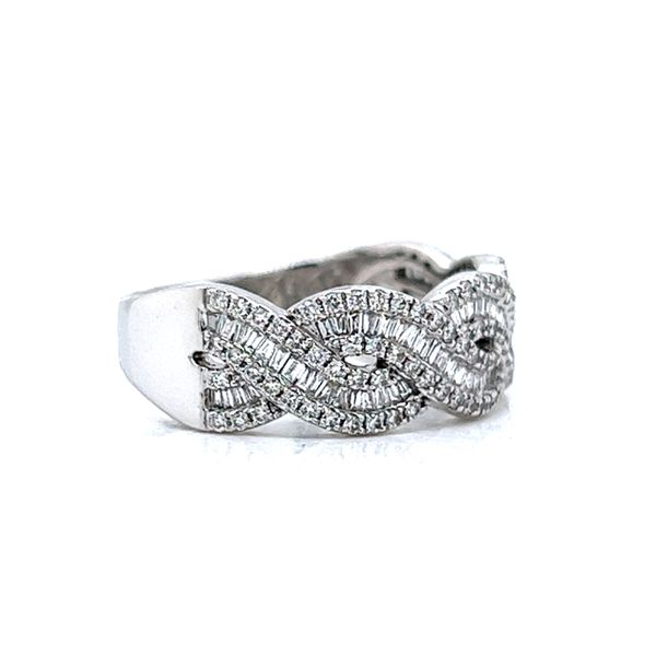 18k White Gold Round and Baguette Diamond Twist Band Image 2 Arezzo Jewelers Elmwood Park, IL