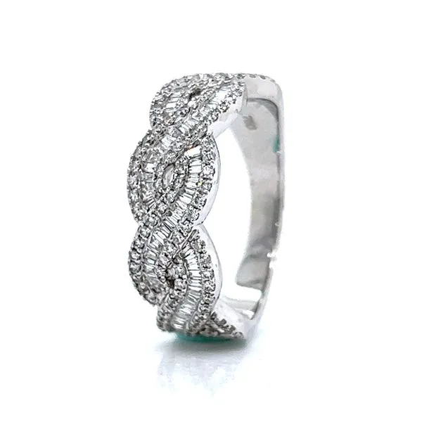 18k White Gold Round and Baguette Diamond Twist Band Image 3 Arezzo Jewelers Elmwood Park, IL