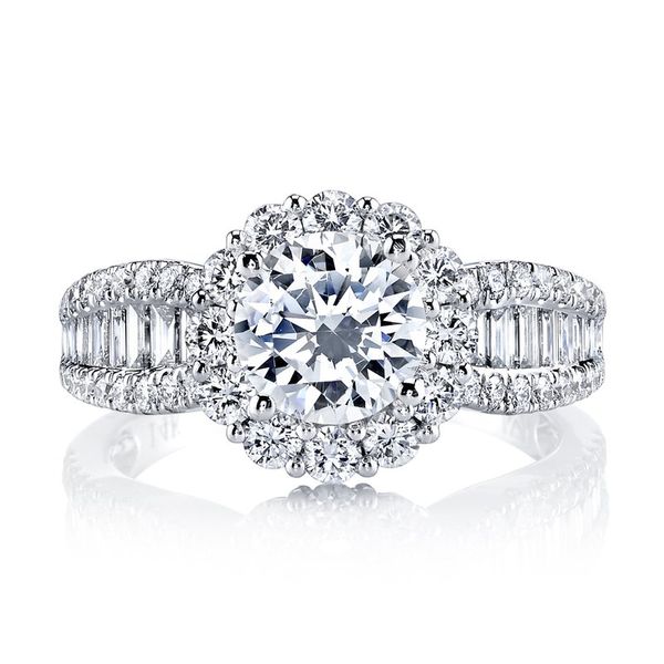 Halo Baguette and Round Diamond Engagement Ring Arezzo Jewelers Elmwood Park, IL