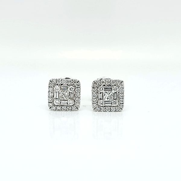 18k White Gold Square Halo Cluster Diamond Stud Earrings Arezzo Jewelers Elmwood Park, IL