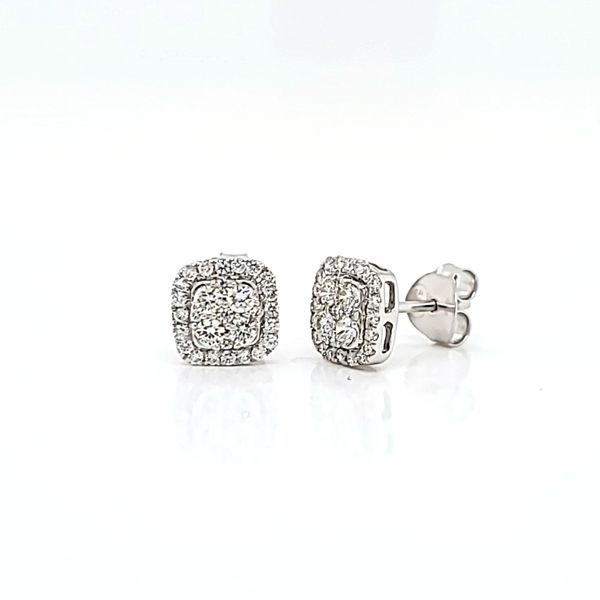 14k White Gold Cushion Halo Diamond Stud Earrings Image 2 Arezzo Jewelers Elmwood Park, IL