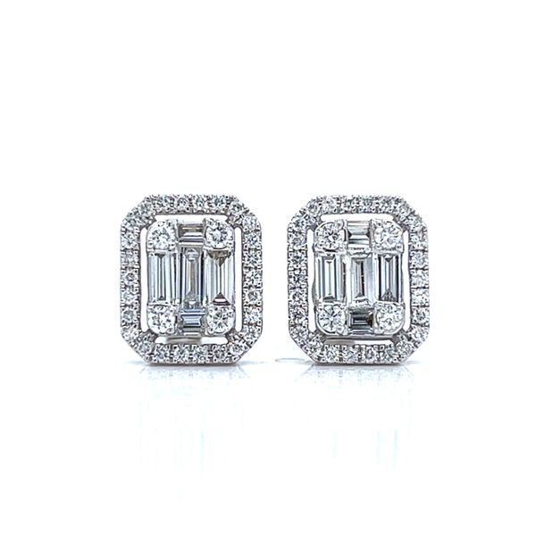 18k White Gold Diamond Emerald Cluster Halo Earrings Arezzo Jewelers Elmwood Park, IL