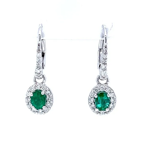 18k White Gold Emerald and Diamond Halo Earrings Arezzo Jewelers Elmwood Park, IL