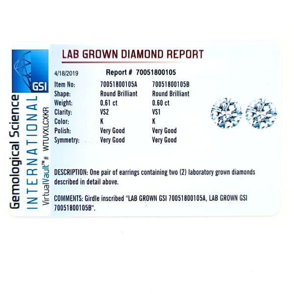 1 1/4ct Round Brilliant Lab Grown Diamond Stud Earrings Image 3 Arezzo Jewelers Elmwood Park, IL
