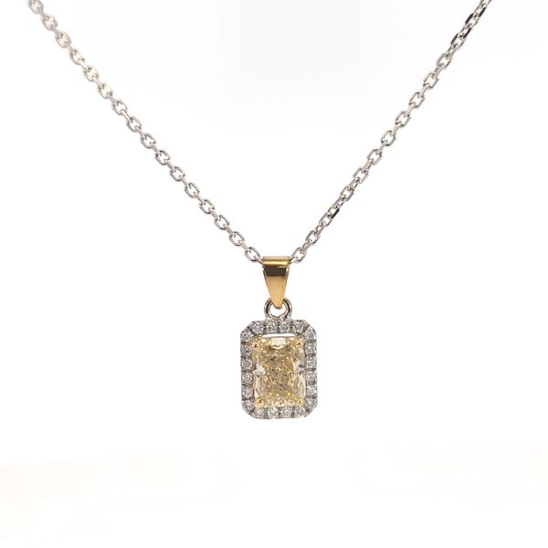 1.73 CTW Fancy Intense Yellow Radiant-Cut Lab-Grown Diamond Halo Necklace in 14K Two-Tone Gold Image 2 Arezzo Jewelers Elmwood Park, IL
