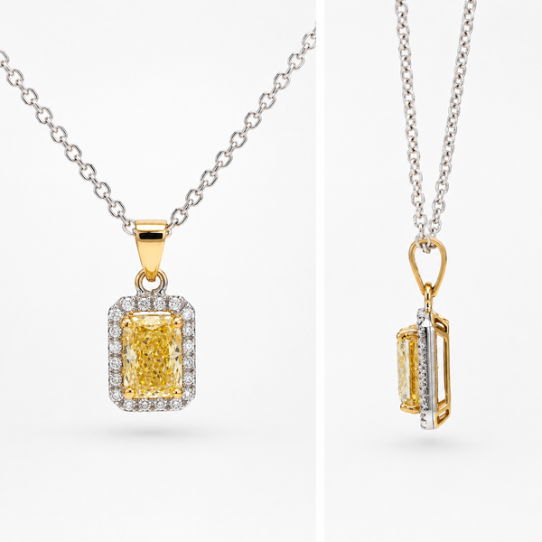 1.73 CTW Fancy Intense Yellow Radiant-Cut Lab-Grown Diamond Halo Necklace in 14K Two-Tone Gold Arezzo Jewelers Elmwood Park, IL