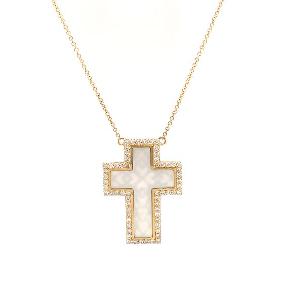 14k Mother of Pearl Diamond Cross Necklace Image 2 Arezzo Jewelers Elmwood Park, IL