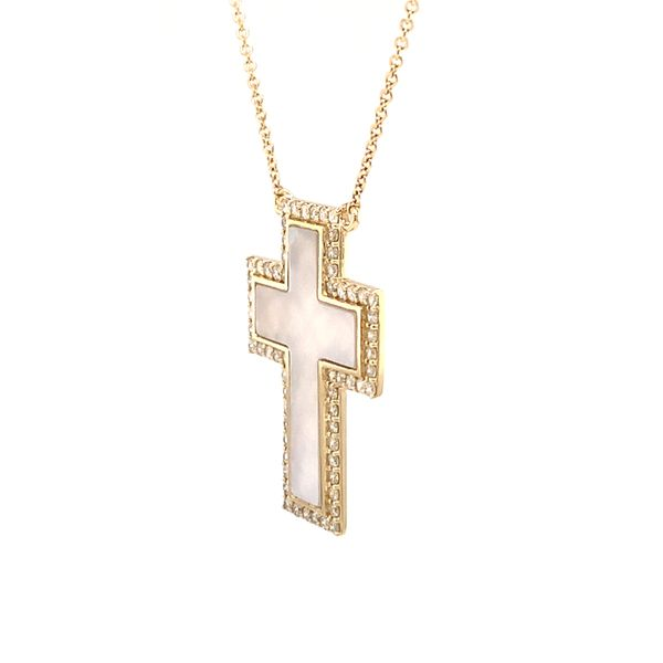 14k Mother of Pearl Diamond Cross Necklace Image 3 Arezzo Jewelers Elmwood Park, IL