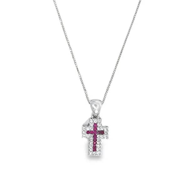 18k White Gold Diamond & Ruby Cross Pendant Image 3 Arezzo Jewelers Elmwood Park, IL