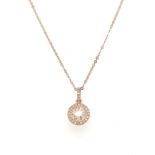 14k Rose Halo Diamond and White Tanzanite Necklace Arezzo Jewelers Elmwood Park, IL