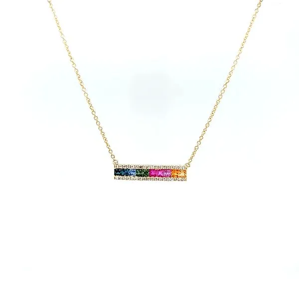 14k Yellow Gold Diamond and Rainbow Sapphire Bar Necklace Image 2 Arezzo Jewelers Elmwood Park, IL