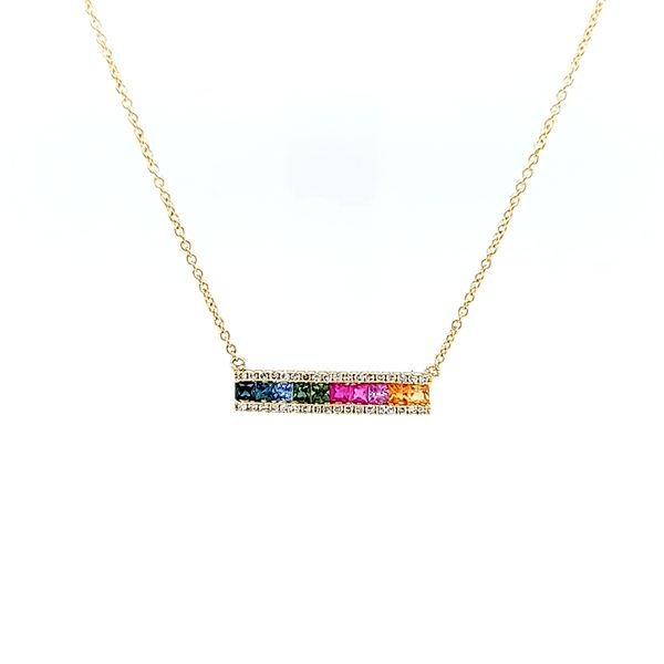 14k Yellow Gold Diamond and Rainbow Sapphire Bar Necklace Arezzo Jewelers Elmwood Park, IL