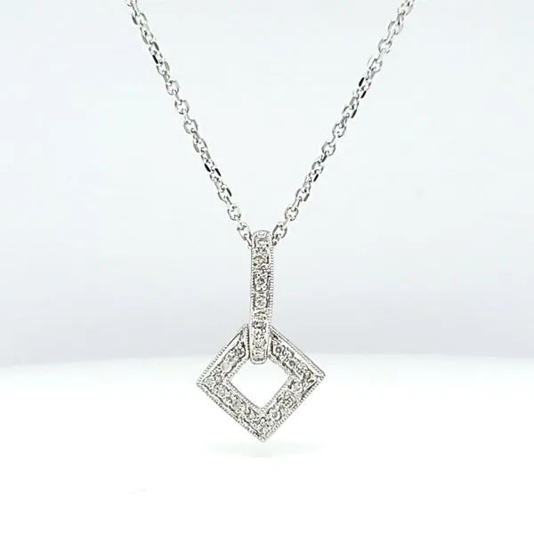 14k White Gold Diamond Square Drop Necklace Pendant Arezzo Jewelers Elmwood Park, IL