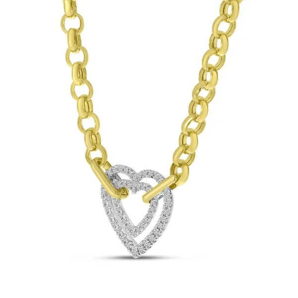 14K Two Tone Gold Double Diamond Heart on Heavy Yellow Gold Rolo Chain Necklace Image 2 Arezzo Jewelers Elmwood Park, IL
