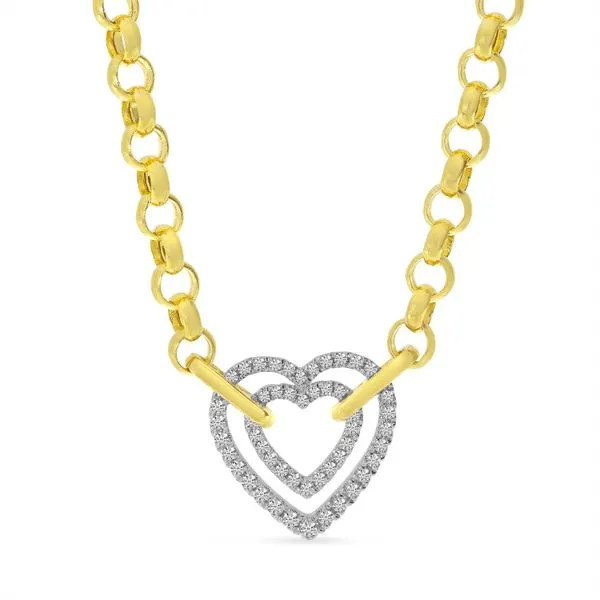 14K Two Tone Gold Double Diamond Heart on Heavy Yellow Gold Rolo Chain Necklace Arezzo Jewelers Elmwood Park, IL