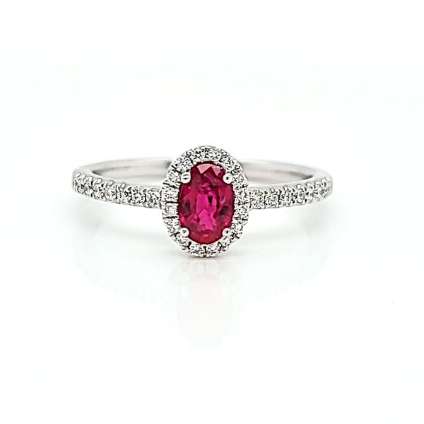 14k White Diamond Halo Ring with Oval Ruby, .50cts Arezzo Jewelers Elmwood Park, IL